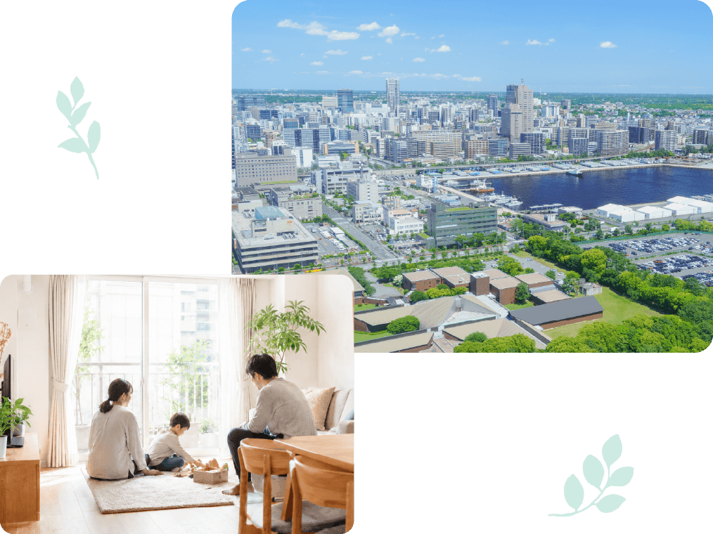 千葉市の街並みとご家族がくつろぐリビングの様子
